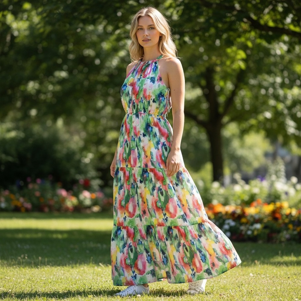 Stella & Julie XL Green Ivory Multi Watercolor Abstract Floral Halter Maxi Dress